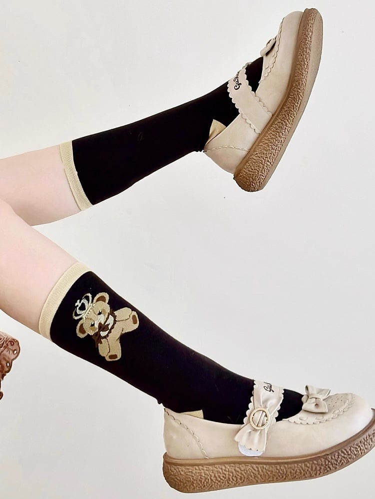 Brown Print Calf Bear Teddy Socks Lolita