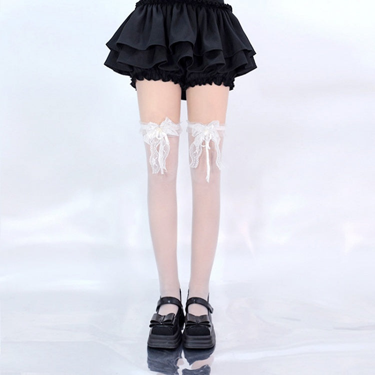 Black / White Lace Bowknot on Cuffs Over Knee Stockings