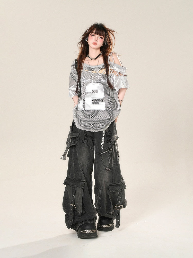 Gray Cutout Shoulder Embroidered Sports T-Shirt with Lace-up Detail
