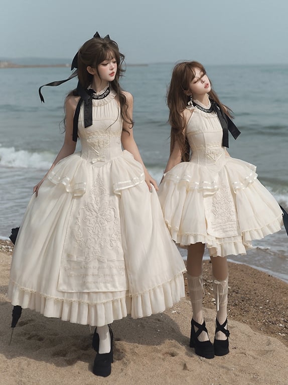 Lolita Halter Creamy Detail Embroidery Classic Delicate Backless Neck Dress
