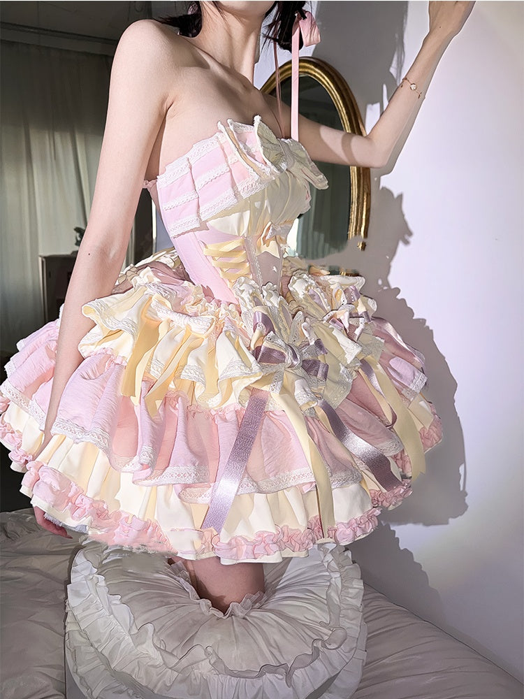 and Boned Ear Bowknot Waist Basque with Pink Skirt Dress Bunny Puffy on Sweet Yellow Design