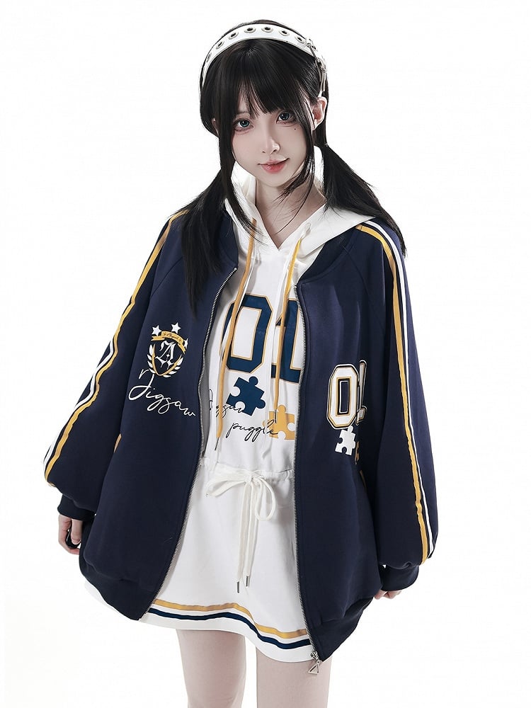 Dress with Yellow Drawstring Hem Hood,Blue Waist Striped Hoodie and Blokette Sleeveless White