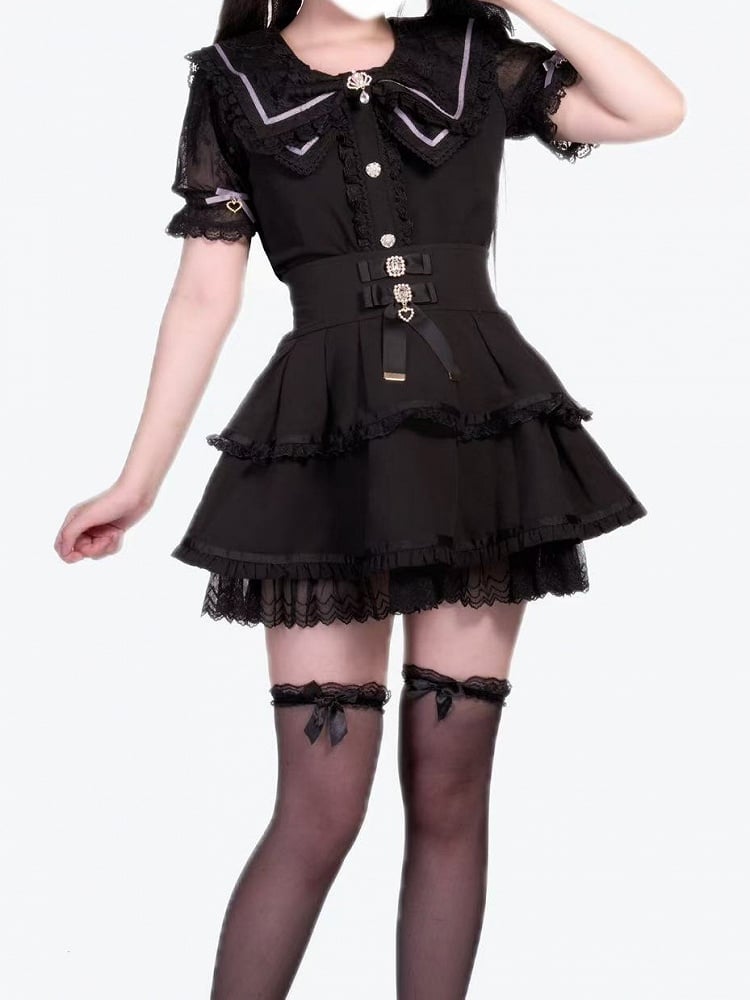 Schwarze Kei-Kragenbluse mit Schleife und Jirai
