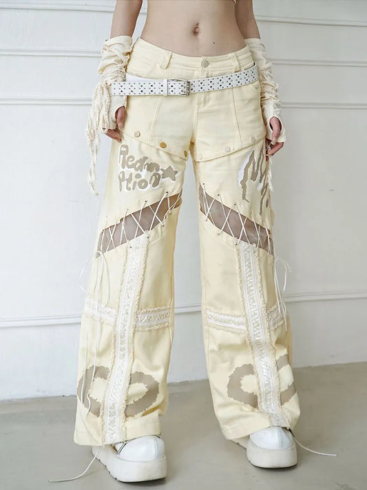 Cut Lace-up Beige Jeans Straight-leg Detachable Detail