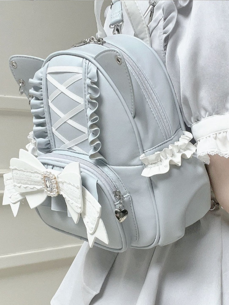 Jirai Kei Blauer Rucksack mit Katzenohren und Schleife aus Perlen und Strass