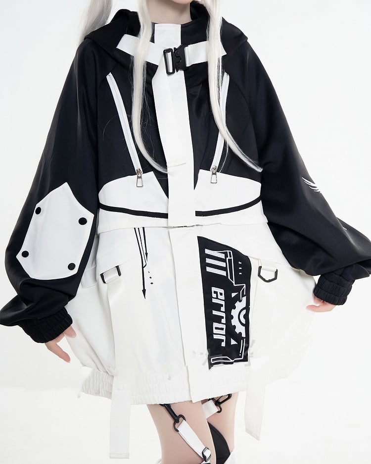 in Futuristic Techwear Detachable White Design Colorblock Landmine Style Black Jacket and