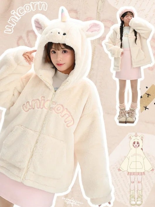 Beige Letters Pattern Unicorn Head Hood Fleece Zip Hoodie