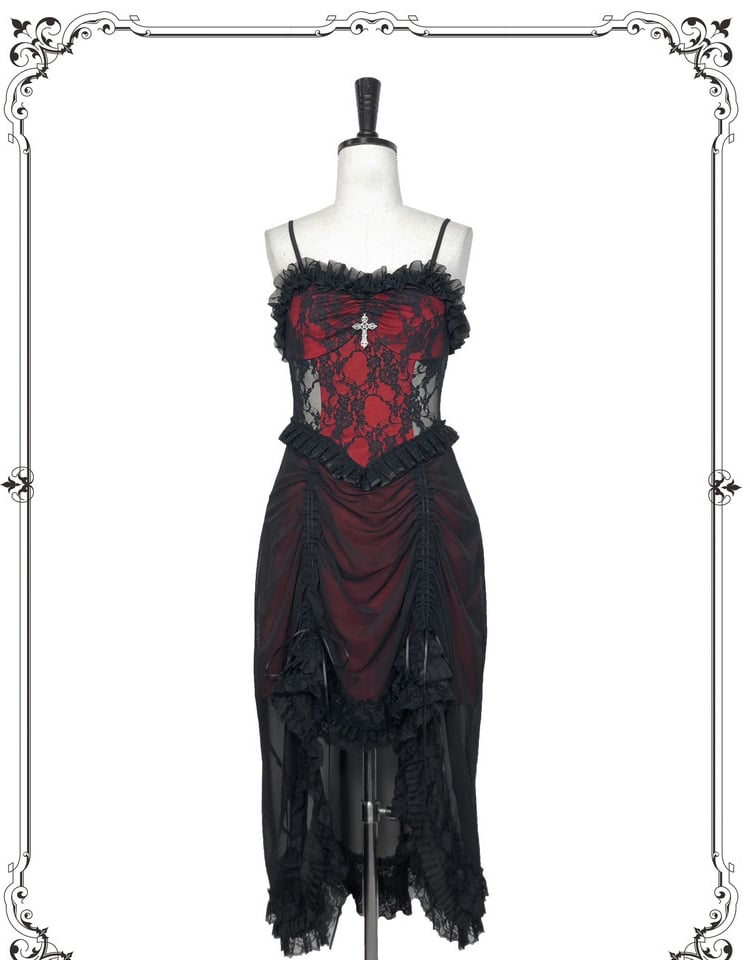 Schwarzes und weinrotes Vampir-Gothic-Kleid, Spitzenkleid mit Kordelzug und Handschellen-Set