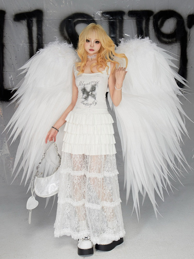 Long White Lace Skirt Hem Ruffle Tiered