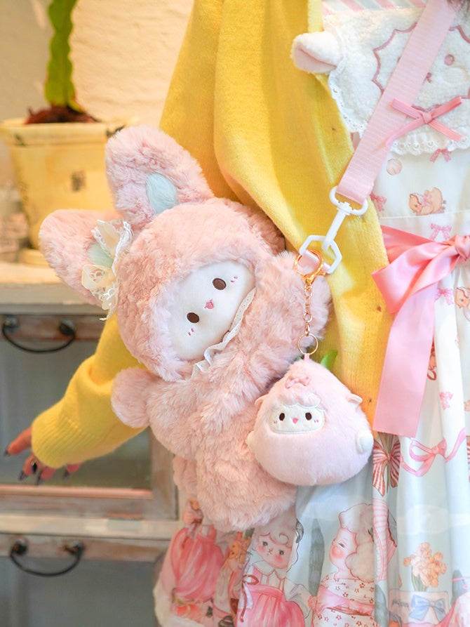 ピンクラビットの蝶結びレースディテールのぬいぐるみバックパック ミドル/ラージサイズ