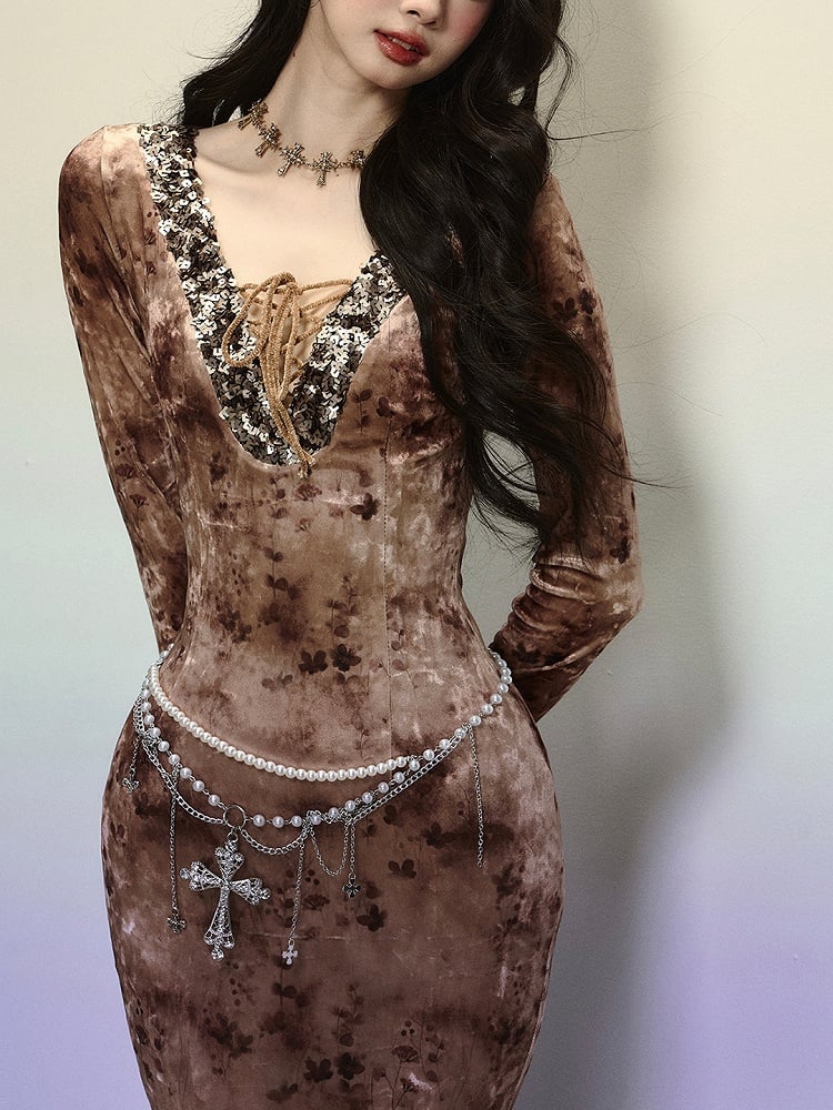 Coffee Sequins V-neck High Waist Lace Patchwork Flounce Mermaid Skirt Velvet Dress Evening Gown