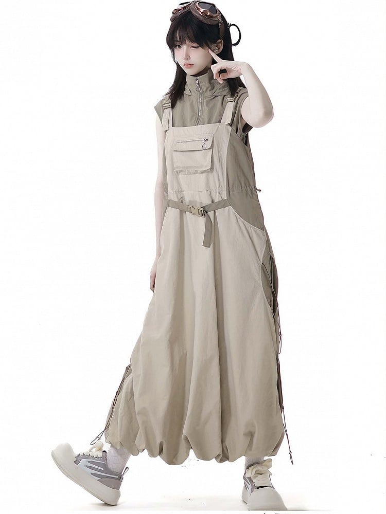 and Techwear Overall Bubble Skirt Details Khaki Snap Drawstring