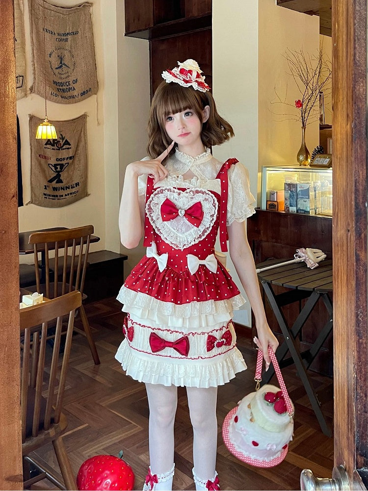 Polka Cami Sleeves Sweet Puff Bow + Accents Skirt Lolita Set Top Cropped Dots Red - Full