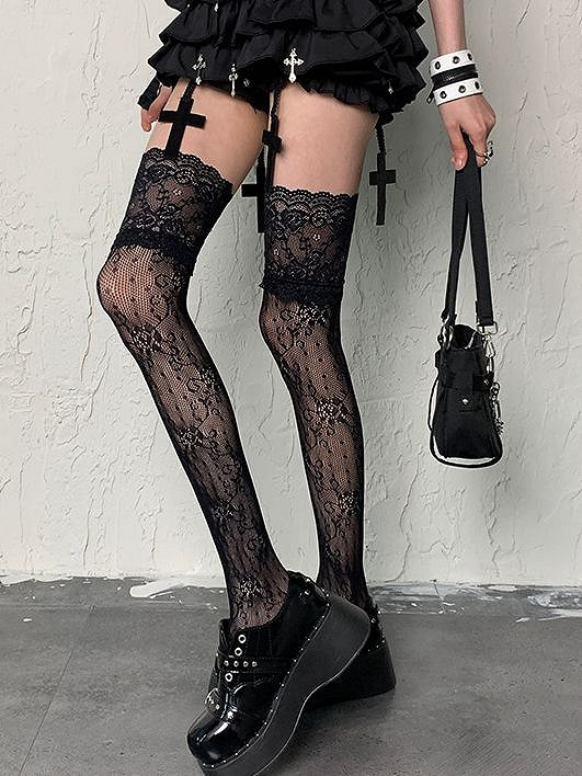 Trim Overknee Stockings Fashion Black Pattern Gyaru Y2K Lace Floral