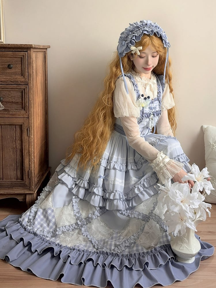 ブルーのギンガムチェックと花柄レースパッチスカートのカジュアルロリータドレス