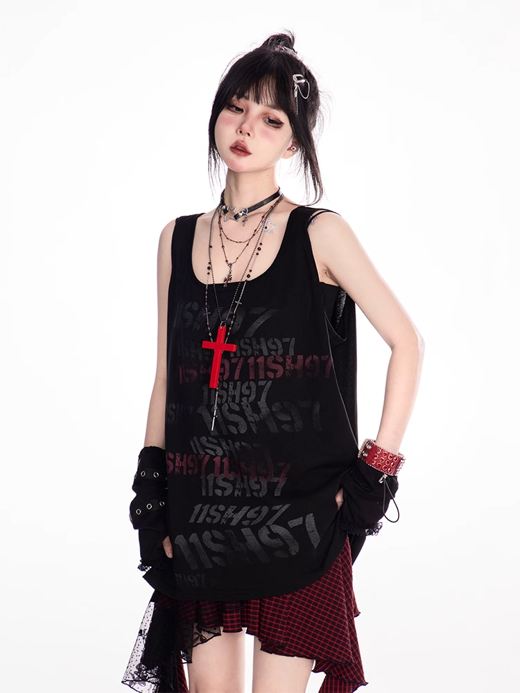 Black Scoop Neckline Letter Print Vintage Loose Tank Top