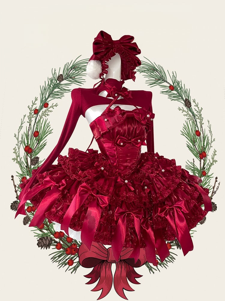 Rotes Weihnachtsoutfit, baskische Taille, Satinschleifen, trägerloses Puffkleid, kurzes Oberteil, komplettes Set