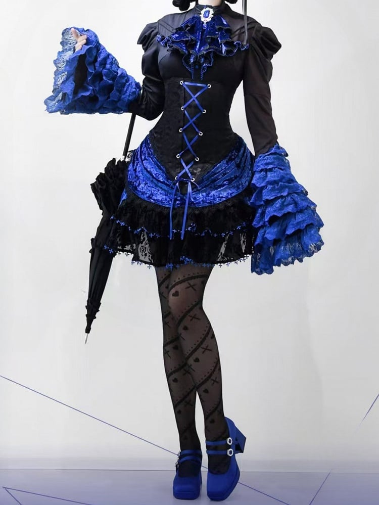 Boned Lolita Waist Tie Shirt Skirt Set Hat Black Gothic Jabot Long Sleeves High + - and Mini Blue Bell Klein Full