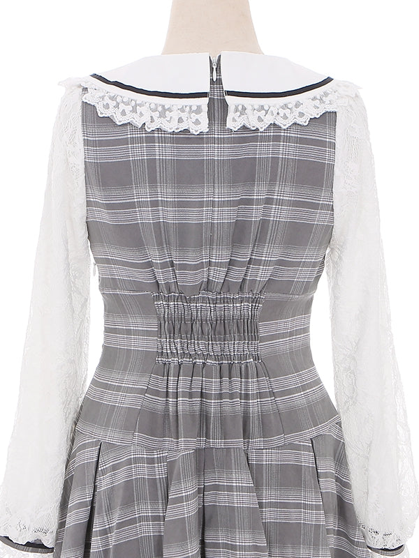 Jirai Kei Graues Set, Peter-Pan-Kragen, hoher Taille, Kellerfaltenrock, kariertes Kleid + Shorts mit Rüschenbesatz und Bündchen