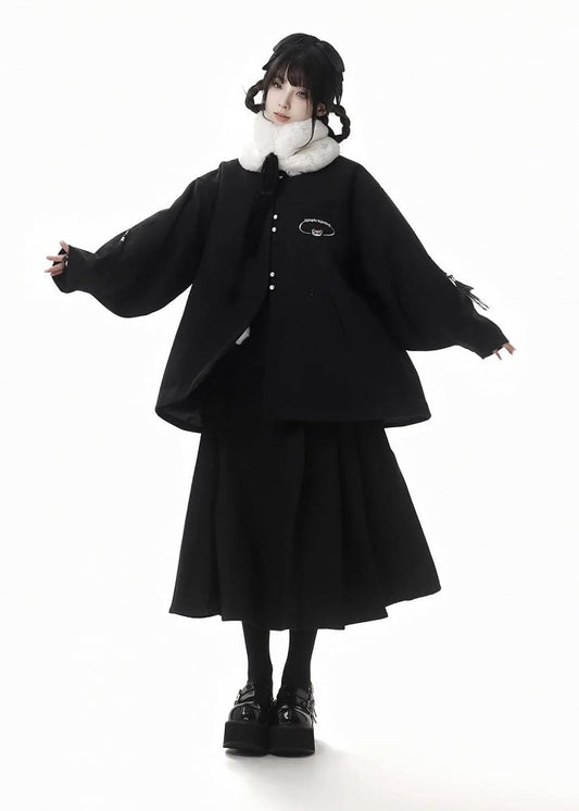 Faux Fur Collar Panda Black Coat