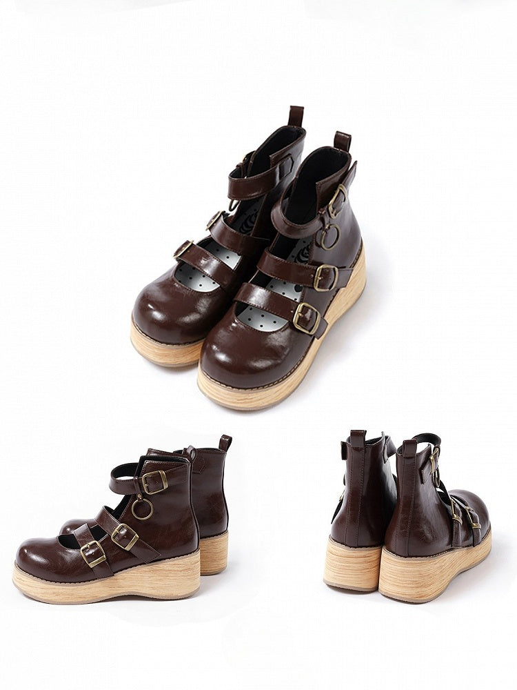 - Sole Buckle cm Ankle 3–5 Grain 3 Brown Wood Boots Straps Wedge Platform Vintage