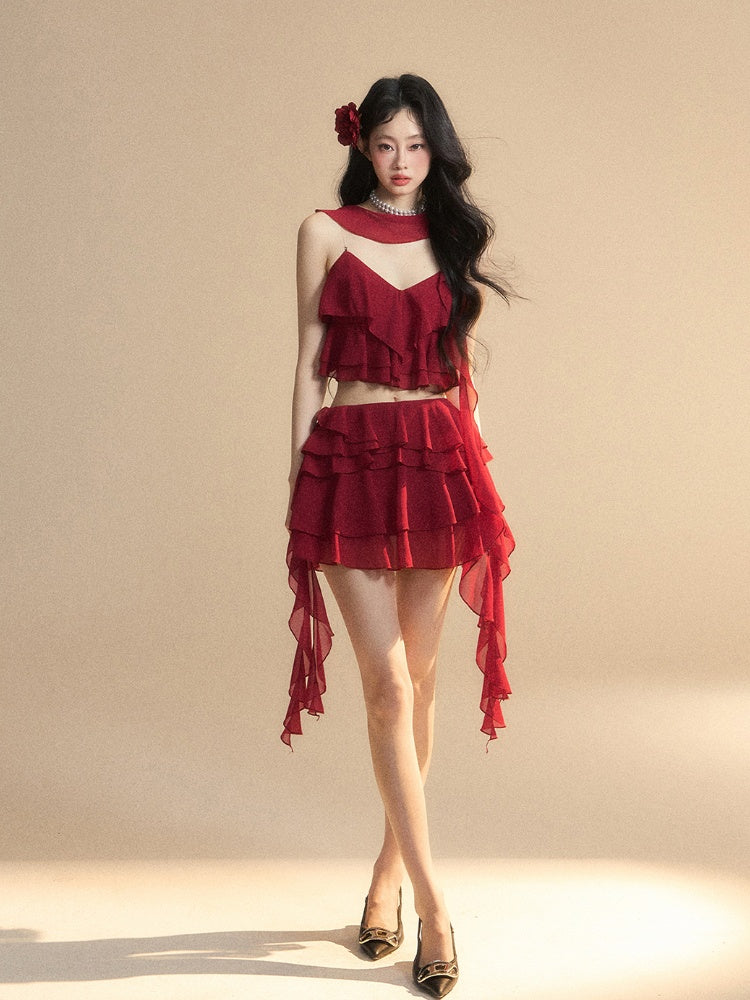 Asymmetrical Ruffled Hem Slim-fitting Mini Tiered Skirt Red Chiffon
