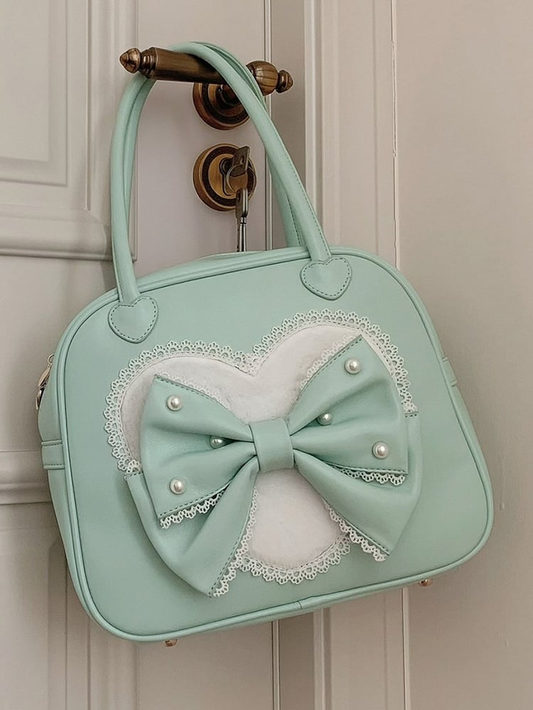 Beaded Sweet Heart Bag Lolita Green Decorated Hand Bowknot Plush