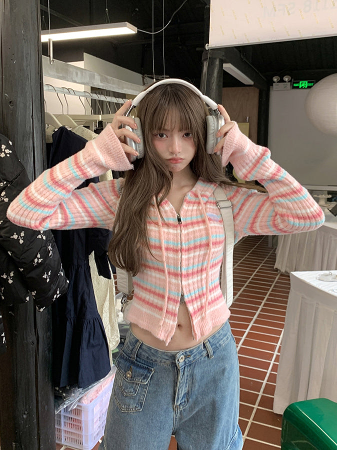 Black Pattern Stripe Hooded Cardigan / Pink