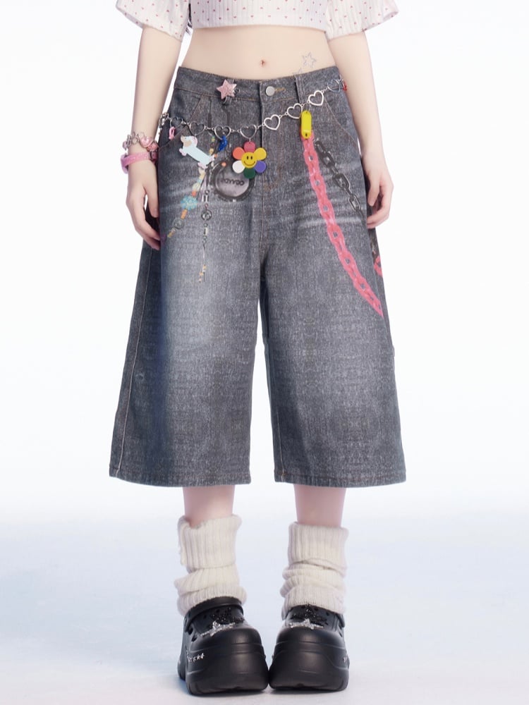 Waist Chains Print Faded Wash Wide-leg Jeans Gray Low