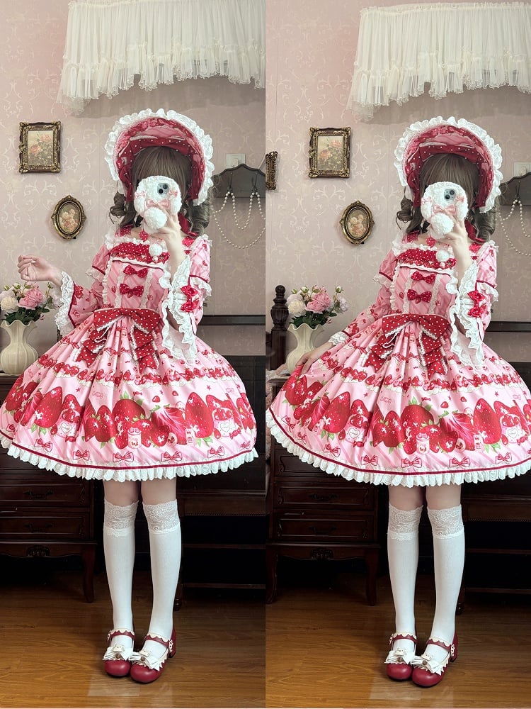 Set Strawberry Dress Sweet Lolita Short Sleeves Full Print Pink