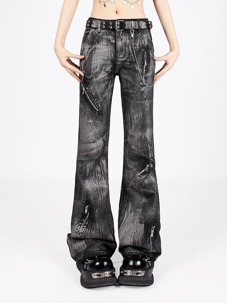 Vintage Punk Graffiti Black Low-Rise Jeans with Asymmetrical Zipper Design