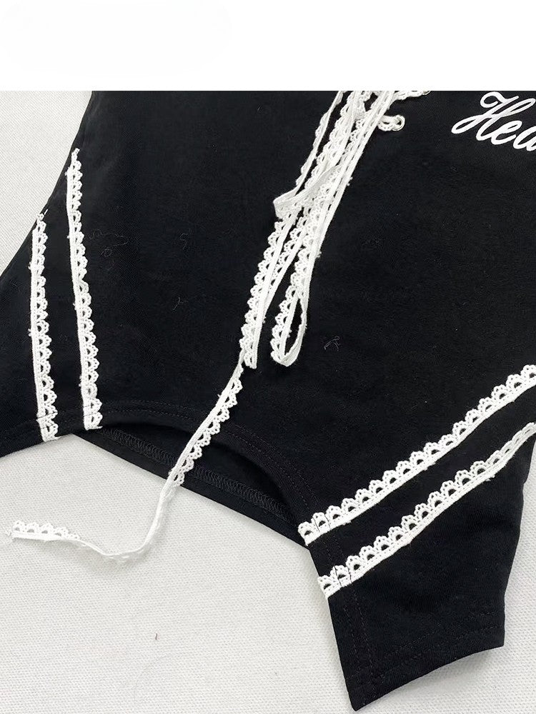 Black Bittersweet Neckline Top With Lace-Up Detail And Letter Print Off-the-shoulder Kawaii