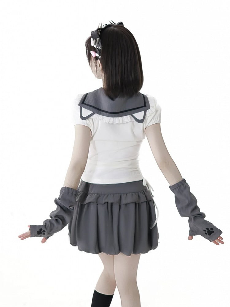 Side Armwear Free Ears with T-shirt Kitty Design Sailor Collar White Drawstring