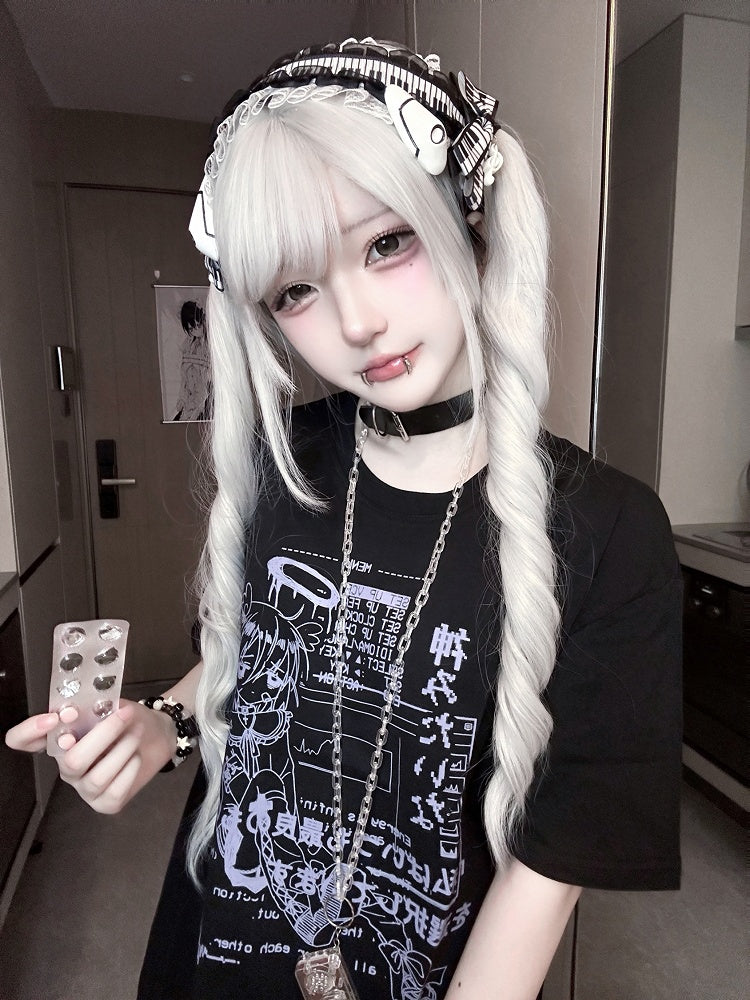 Jirai Black/White Round Neck Cyberpunk T-Shirt Print Kei Angel Cotton