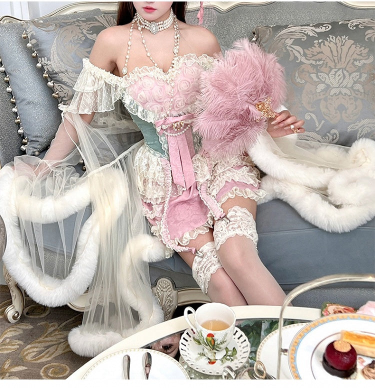 Rococo Sweetheart Skort + Corset Top Green Outfit Pink Neckline Roses