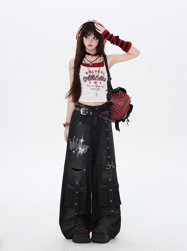 Jeans Black Butterfly Wide-Leg Cargo Print Strap Details Vintage