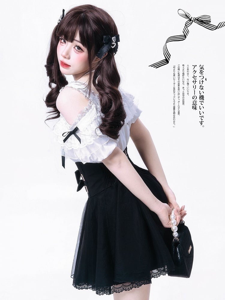 Black Bowknots White Off-the-shoulder Neckline Top Jirai Kei Style with