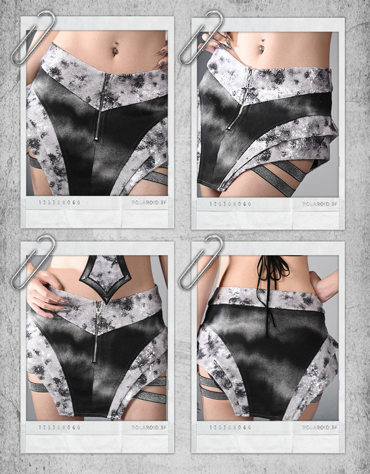 Fashion Asymmetrical Skort Y3K Futuristic Black and Silver Low-Waist Side Elastic Bands Cyberpunk