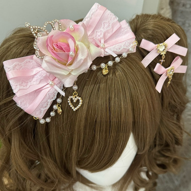 Rhinestone Design Heart Hairclips Pink Cross Beaded Floral Bowknot Charm + Decorated Hairclip