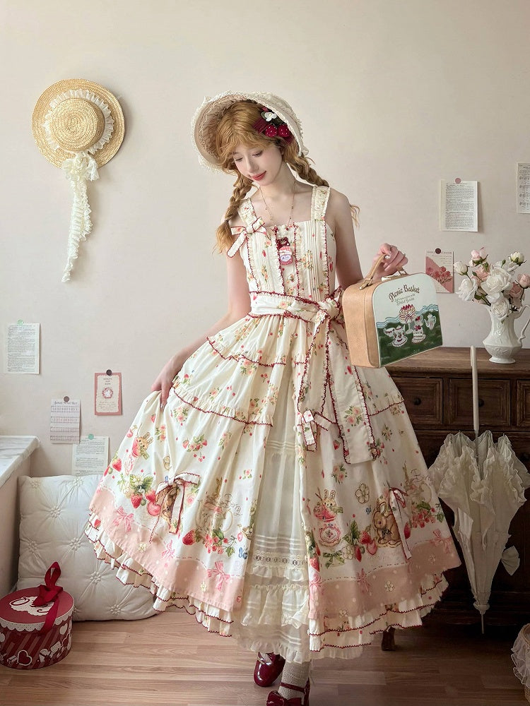 Floral Pink Hemline Lolita Fashion Dress Bunny Print House Strawberry and
