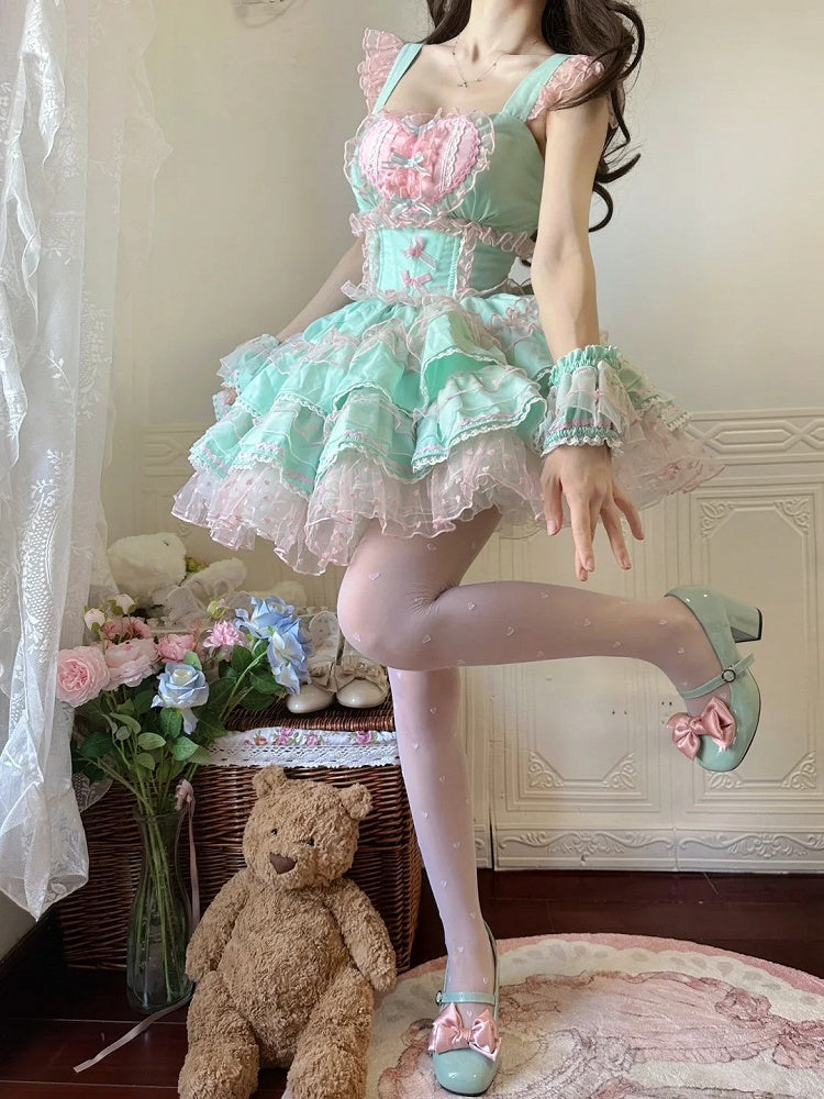 Lolita Dress Sweet Polka-dot Green Pink Heart Pattern Ruffled Heart Front Mint