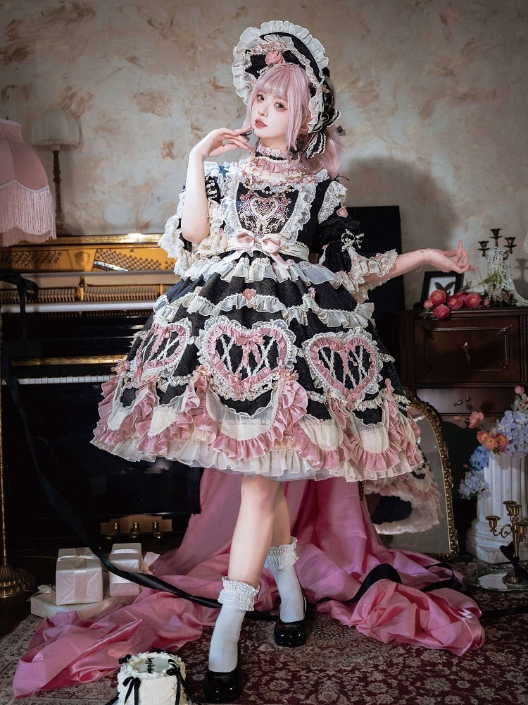Black Hanayome Rosette Embroidery Floral and Bead Chain Lolita OP Full Set