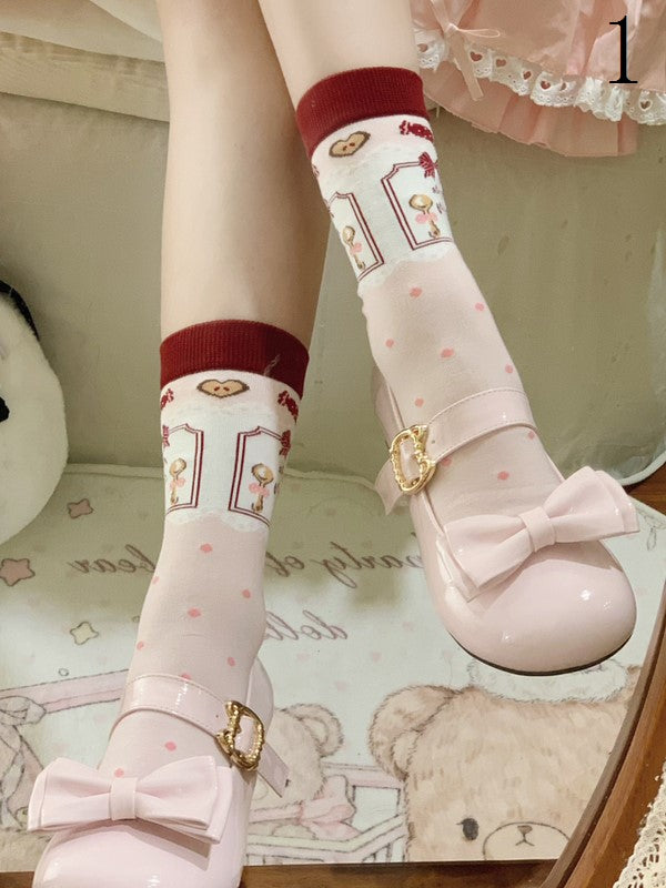 Lolita Calf Pink Bowknot Lace Pattern Details Cuffs Pearls Polka-dot Ruffled With Socks