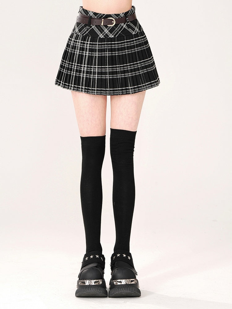 Black Plaid A-Line Mini Skirt with Belt