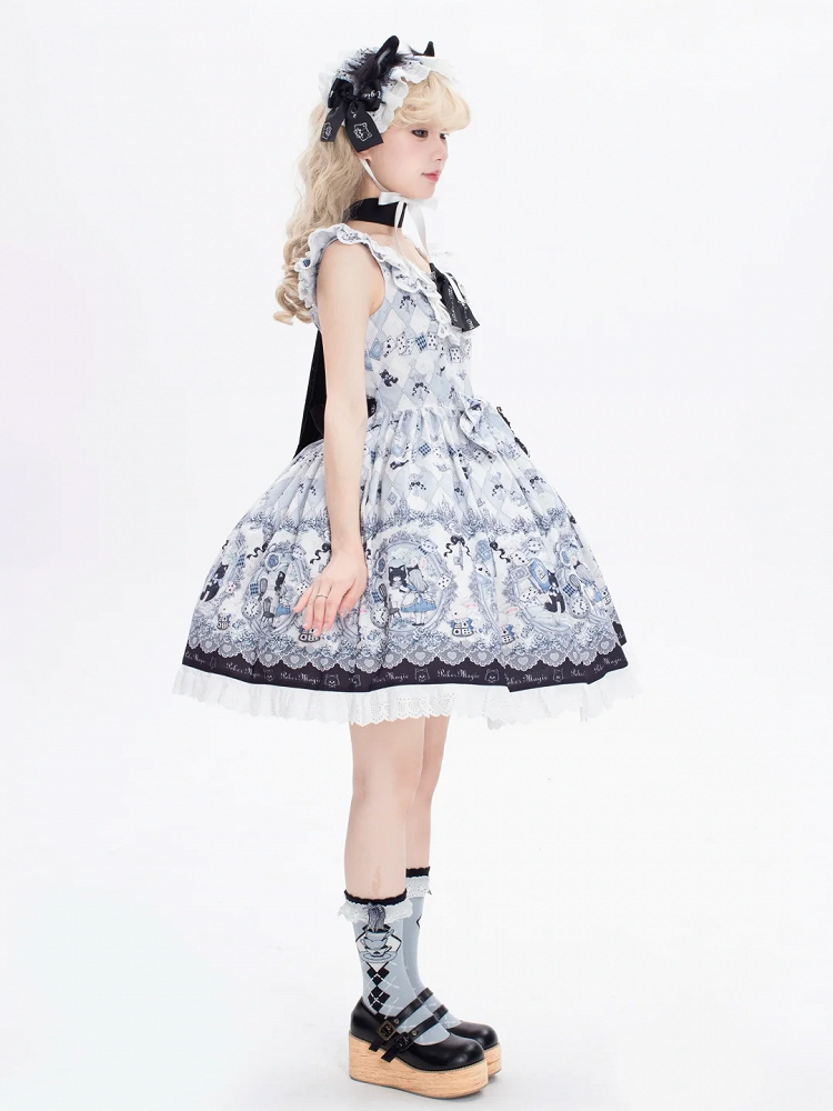 in Wonderland Theme Bunny Sweet Lolita Jumper Print Skirt and Alice Kitty Dress