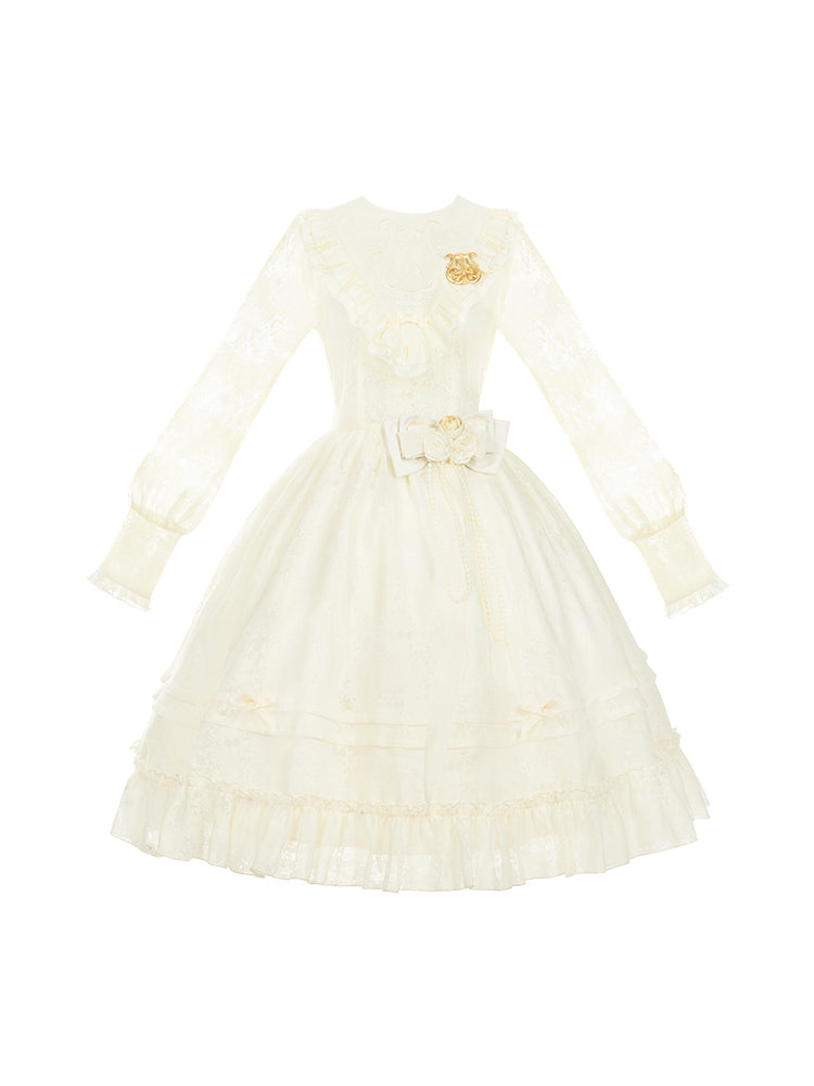 Beige Elegant Sleeves Classic Spring Lolita Dress Embroidery Semi-sheer Harp Long
