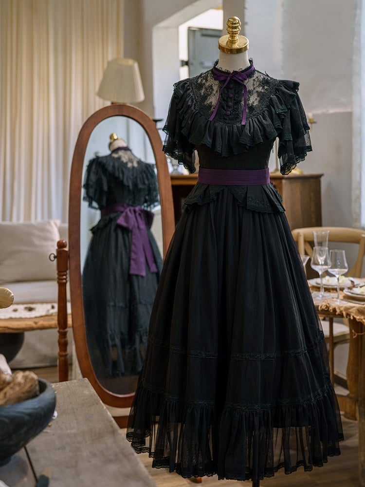 Lolita Butterfly Belt Black Dress Waist Elegant Classic with Sleeves Illusion Neckline Purple Edward