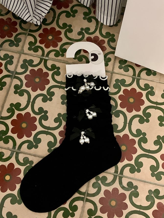 Charm Details Socks Calf Beaded White/Black/Gray Bowknot