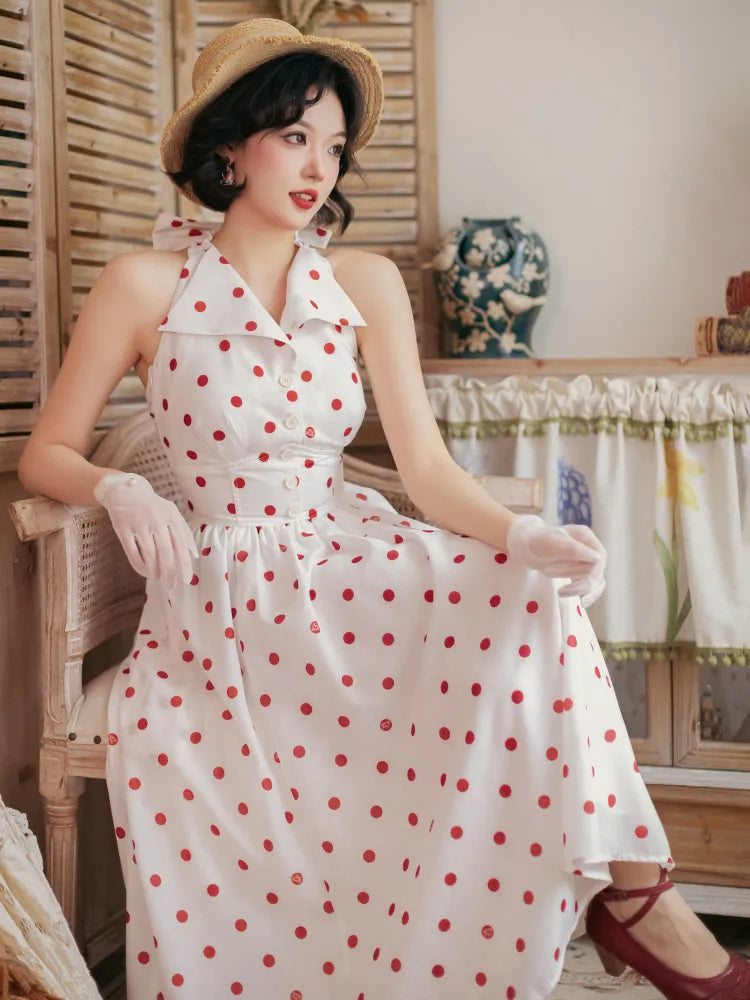 Pattern Polka Dress Dots Bow Halter Big Fashion Retro Print Backless Back Neck