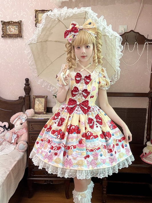 Cottagecore Country Erdbeerkuchen Print Süßes Lolita Kleid Gelb OP